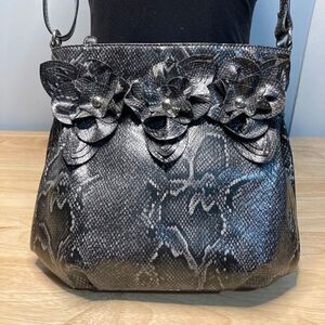 Nicole Miller, Snakeskin Print Gray Black Vegan Leather, Rosette Accents Womens